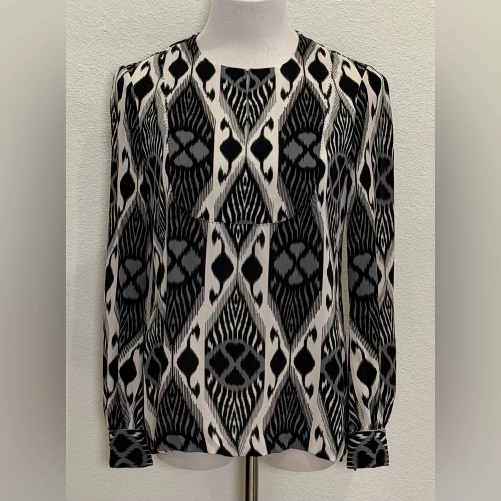 *AS IS* Tory Burch Women’s 100% Silk Blouse Top 6 Black White Ikat Long Sleeve